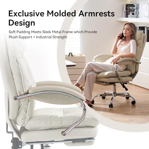 LEAGOO Office Chair with Foot Rest, Ergonomic Executive Office Chair with Arms, Reclining High Back PU Leather Comfy Swivel Computer Desk Chairs with Wheels and Lumbar Support for Home Office, Cream