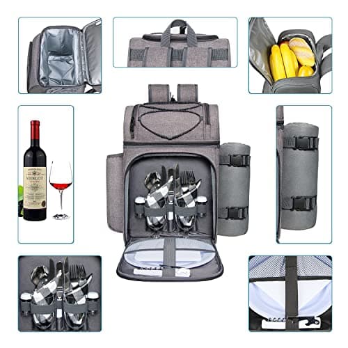 Hap Tim Picnic Basket Backpack for 2 Person with 2 Insulated Cooler Compartment, Wine Holder, Fleece Blanket, Cutlery Set, Gifts Ideals for Wedding, White Elephant, Bridal Showers, Christmas B09NLXDWYG