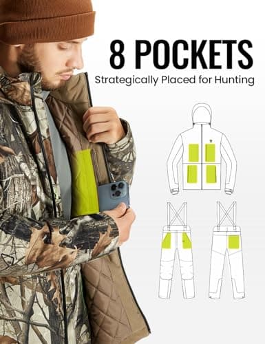 TIDEWE Hunting Clothes for Men with Face Mask, Silent Waterproof Hunting Jacket and Adjustable Bibs, Safety Strap Compatible