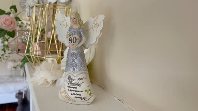 Pavilion 'Happy 80th Birthday' 82475 Elements Angels - Polyresin Birthday Angel Figurine - Silver Hand-Painted Remembrance and Keepsake Gift Angel for Grandmothers, Mothers, Aunts, Friends, Women