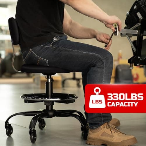 Rolling Shop Stool with Wheels, Garage Mechanic Stool Chair with Backrest, Height Adjustable Heavy Duty Swivel Task Chair, Adjustable Footrest with Storage Tray for Garage Kitchen Salon Tattoo (Black)
