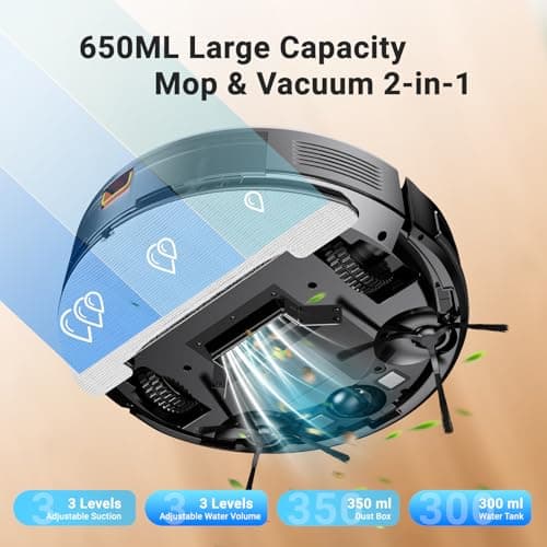 Robot Vacuum and Mop Combo, Robotic Vacuum Cleaner 5000Pa Strong Suction 130 Mins Runtime, Slim, Low Noise, Automatic Self-Charging, Wi-Fi/App/Alexa Control, Ideal for Hard Floor, Carpet, Pet Hair