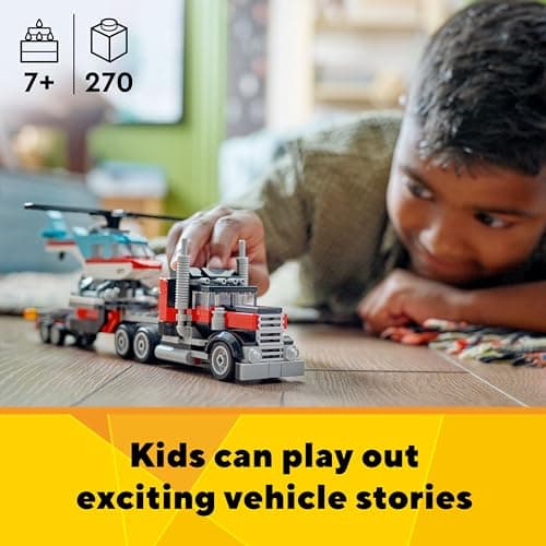 LEGO Creator 3 in 1 Flatbed Truck with Helicopter Toy, Transforms from Flatbed Truck Toy to Propeller Plane to Hot Rod and SUV Cars, Gift Idea for Boys and Girls Ages 7 Years Old and Up, 31146 B0CGY4J7QT