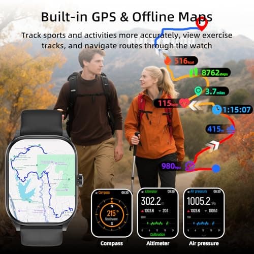 Smart Watch with Built-in GPS and Offline Maps, 1.96" HD Display, Answer/Make Calls, 100+ Sport Modes, Heart Rate/Sleep/SpO2 Monitor, Fitness Activity Tracker for Android and iPhone, 2 Bands, Black