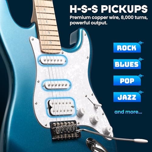 CAHAYA Electric Guitar Set Beginner - 39in Starter Guitar Kit with HSS Pickup Solid Okoume Body Electric Guitar Adults with Amplifier Gig Bag Strap Picks Strings Cable Blue