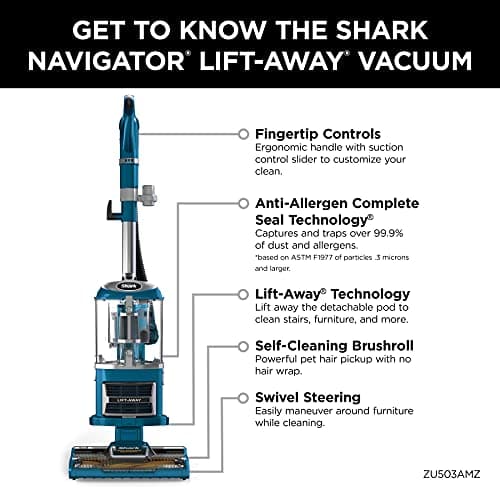 Shark Upright Vacuum, Navigator Lift-Away with Self-Cleaning Brushroll, HEPA Filter, Swivel Steering, Upholstery Tool & Pet Crevice Tool, Perfect for Pets & Multi-Surface, Teal, ZU503AMZ