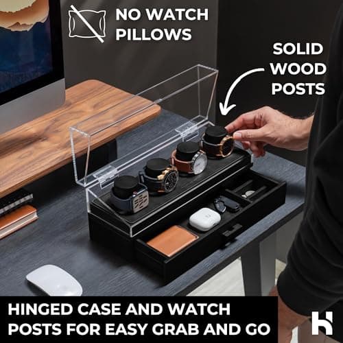 Holme & Hadfield Premium 4-Slot Wooden Watch Display Case – Handcrafted Men’s Watch Box with Accessory Drawer, Hinged Cover, Leather Lining – Birthday Gift for Collectors – Luxury Built to Last