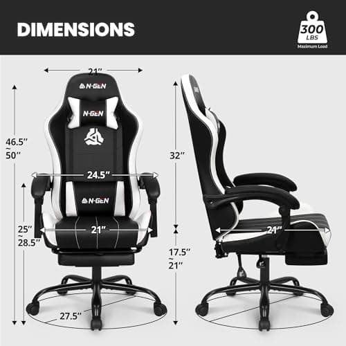 N-GEN GAMING Video Gaming Chair with Footrest Lumbar Support for Home Office High Back Recliner Height Adjustable Ergonomic Comfy Leather Computer Desk Chair (White)