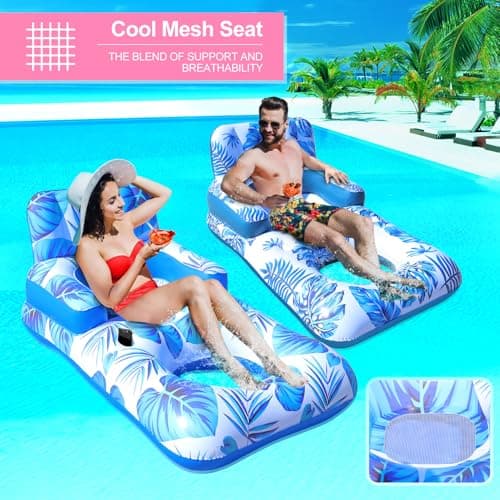 Pool Floats Adult, Pool Floaties with Cup Holder and Phone Holder, Pool Lounger Float with Headrest, Backrest and Footrest, 65" Thicken PVC Inflatable Pool Float for Adult Pool Party Beach Cool