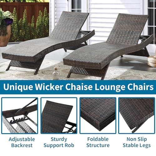 79'' Long Reclining Chaise Lounge Set (Set of 2), Outdoor Wicker Reclining Lounge Chair Patio Rattan Double Chaise Lounge Lawn Sunbathing Chairs Beach Pool Backrest Recliners (Set of 2)