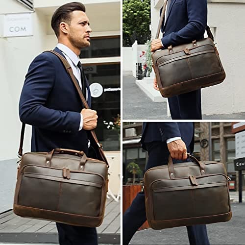 Masa Kawa Leather Briefcase for Men 17/15.6" Laptop Crossbody Shoulder Messenger Bag Business Travel Work Attache Case