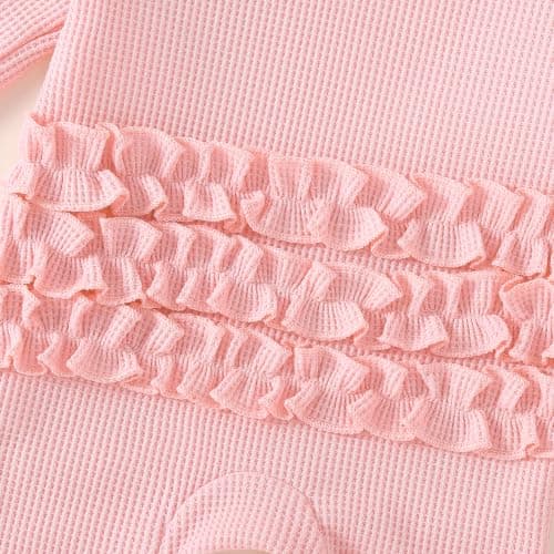 Soft waffle knit romper with ruffle trim, snap closure and matching bow headband QITUDATEY Baby Girl Waffle Knit Romper with Headband, Ruffle Jumpsuit B0HCKVJZZB