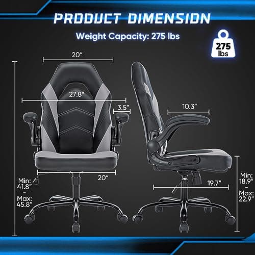 OLIXIS Big and Tall Office Desk Leather Gaming Computer Chair with Adjustable Swivel Task and Flip-up Arms for Adults, Teens, Black and Grey