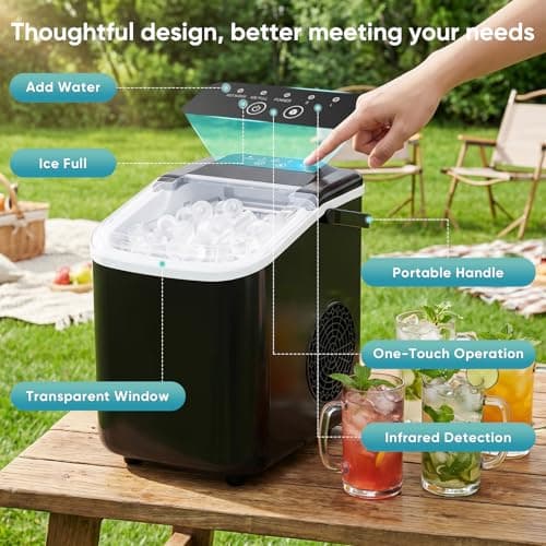 DUMOS Ice Maker Countertop, Ice Machine with Portable Handle, Basket and Scoop, 26lbs Daily, 9 Bullet Cubes in 6~8 Mins, Auto-Cleaning for Home, Kitchen, Office, Outdoors, RV Camping