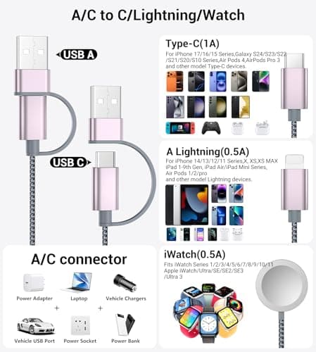 Temdan for Travel Essentials,3 in 2 USB C Cable for Apple Watch Charger/iPhone 17 Charger/Lightning,Multi Charging Cable Cord,Vacation Camping Essentials,Portable Designed for iWatch &iPhone 16-12-4FT