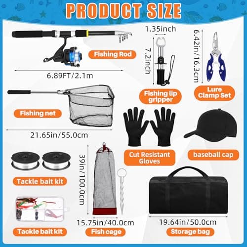 LaRandom Fishing Rod and Reel Combo Telescopic Fishing Pole Kit Collapsible with Plier Lip Gripper Lures Carrier Bag Pre-Loaded Spinning Reel for Beginner Men Travel Saltwater Freshwater