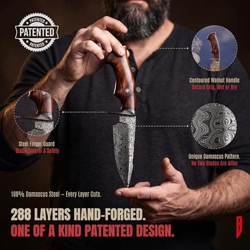 BIGCAT ROAR Predator Hunter - Patented Handmade Damascus Steel Fixed Blade Hunting Knife 10" - Walnut Wood Handle & Leather Sheath - Bushcraft Outdoor Skinning & Survival Knife - Collector Men Gifts