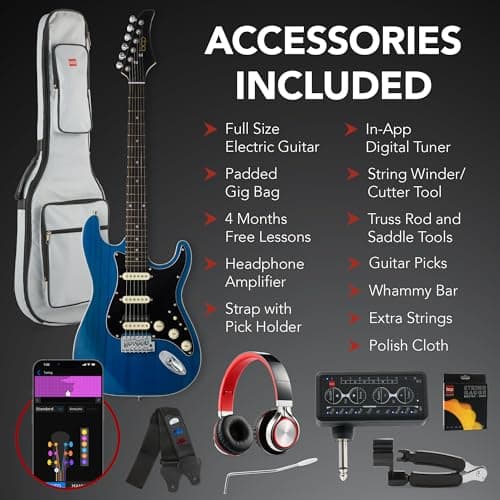 Best Choice Products Beginner HSS Electric Guitar Kit w/Headphone Amp, Padded Gig-Bag, Headphones, Guitar Strap - Midnight Blue/Black