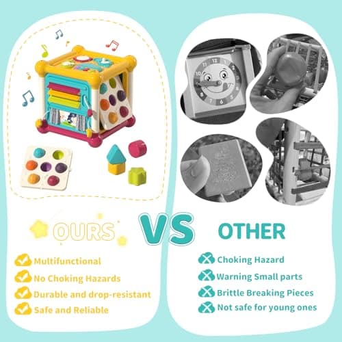 PANITU Baby Activity Cube, Cube Toys for Babies 6-12 Months, Toddler Music Busy Board with 4 Sensory Shape Blocks, 6-in-1 Educational Early Development Toy, Christmas, Birthday Gift for 1 Year Old
