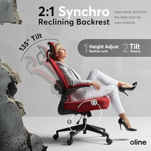 Oline ErgoAir Ergonomic Office Chair – Adjustable Lumbar Support, Flip-Up Armrests, Mesh Computer Desk Chair, Swivel Rolling Executive Gaming Chair for Home & Office (Red)