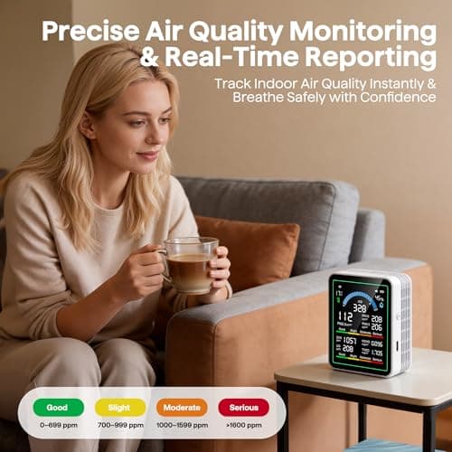 Air Quality Monitor Indoor, 10 in 1 Portable Smartair Quality Tester for CO2 | CO | TVOC | HCHO | Temp | AQI | PM0.3-1 Detection Suitable for Home, Cars, Plants, Pets and Hotels -White
