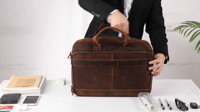 Jack&Chris Full Grain Leather Briefcase for Men, Business Messenger Bag Laptop Bag Attache Case, Fits 15.6 Inch Laptop