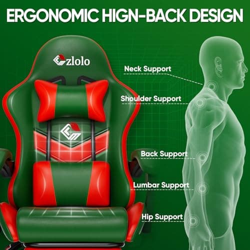 Czlolo Gaming Chair, Lumbar Support Massage Computer Chair, High Back Gamer Chair, with Footrest and Headrest, Lumbar Pillow, Recline, Wide Seat, Gaming Chairs for Christmas/Birthday Gifts, Green