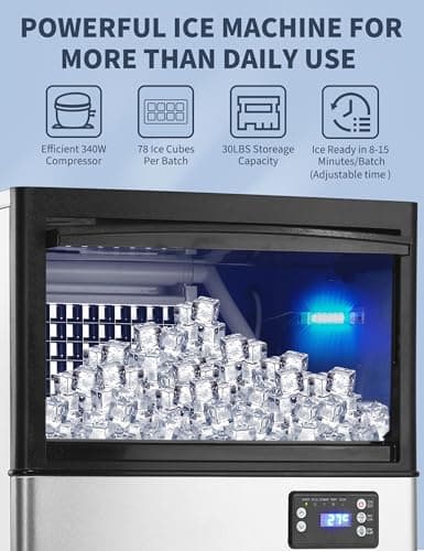 Commercial Ice Maker Machine, 150lbs/24H, 30 Lbs Ice Storage Bin, Fast Making Ice in 5-15 Mins, Auto-Clean, Timer Function, Freestanding or Undercounter for Restaurant,Coffee Shop, Food Truck and Bar