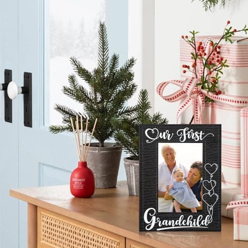 FLYAB First Time Grandparents Picture Frame - Our First Grandchild Leather Photoframe for New Grandparent Christmas Gifts for First Time Grandma Picture Frame Grandparents' Day Gifts