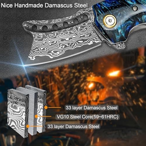 VNLA Handmade VG10 Damascus Steel Folding Pocket Knife - 2.2-Inch Blade, Liner Lock, One-of-a-Kind Random Resin Handle, Cowhide Sheath - Premium Men's EDC Gift for Outdoor Enthusiasts