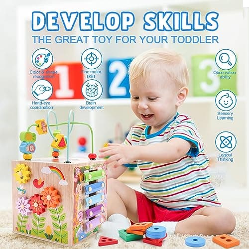 Wooden Activity Cube | Montessori Toys for 1 2 3 Year Old Toddlers | One Year Old 1st First Birthday Gift | Educational Toys for 12+ Months Baby Boys Girls | Bonus Sorting & Stacking Game (Pink)