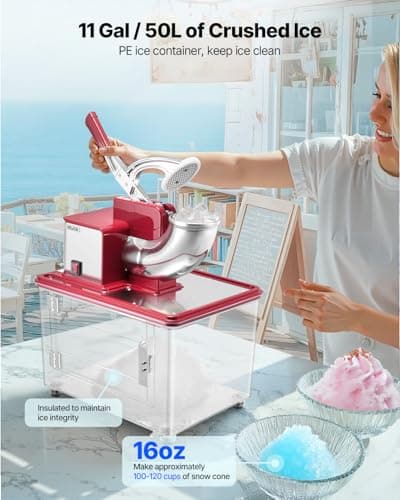 VEVOR Commercial Ice Crusher 661LBS/H, 350W Electric Snow Cone Machine with 4 Blades, 2000RPM Stainless Steel Shaved Ice Machine with 11 Gal Crushed-Ice Box, for Family Restaurants Bars, Red