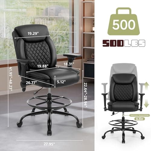 Drafting Chair,Executive Tall Office Chair Flip-up Armrests for Counter Height Desk Drawing Use,High Task Chair with Adjustable Foot Ring & Inflatable Lumbar Support, Swivel Computer Stool,PU Black