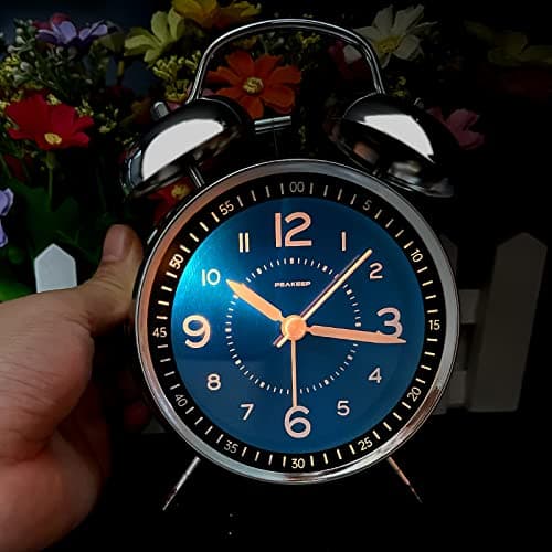 Peakeep Loud Alarm Clock for Heavy Sleepers Adults, Metal 4.5 Inches Twin Bell Battery Operated Analog Alarm Clocks for Bedrooms Decoration (Jewel Blue)