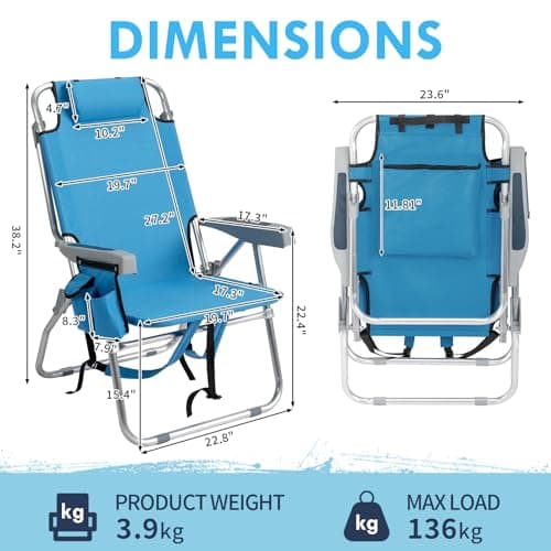 Outvita Backpack Beach Chair, 5 Level Adjustable Positions Beach Chair with Back Storage Bag, Cooler Pouch and Side Bags for Beach Poolside Lawn