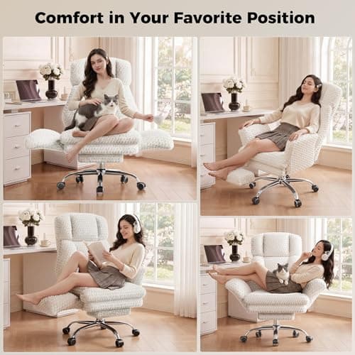 HOMRELEXA Big and Tall Office Chair, Flip Armrests for Pets & Cross Legged Sitting, Executive Ergonomic Computer Gaming Chair with Foot Rest, White Rose Velvet Wide Seat Reclining Desk Chair