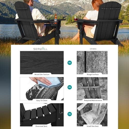 SERWALL HDPE Folding Adirondack Chair with Dual Cup Holder - Composite Adirondack Chair Set of 4- Black