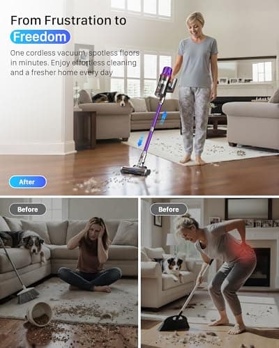 Cordless Vacuum Cleaner - Powerful Stick Vacuum with HEPA Filter, 55-Min Runtime, LED Light, Anti-Tangle Brush, Detachable Battery, Lightweight for Home, Pet Hair, Carpets & Hard Floors