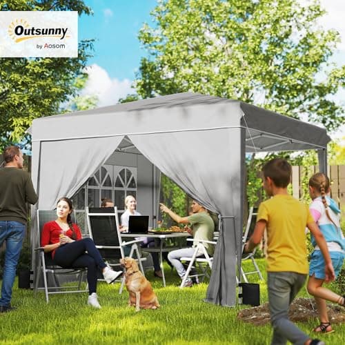 Outsunny 10 x 10 ft Pop Up Canopy Tent with Sidewalls, UPF50+ Outdoor Portable Instant Canopy Shelter with Carry Bag, Sandbags, Adjustable Height for Parties, Events, Camping, Light Gray