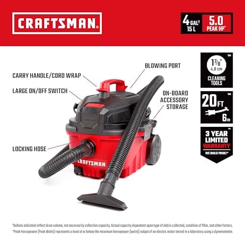 CRAFTSMAN CMXEVBE17040 4 Gallon 5.0 Peak HP Wet Dry Vac, Portable Shop Vacuum Wet and Dry with Filter, Hose and Attachments for Home and Automotive Cleaning