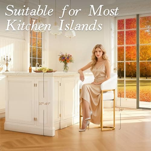 Modern Counter Height Bar Stools,Bar Stools Set of 3,PU Leather Upholstered Barrel Barstools with Backs,26" Kitchen Island Chairs,Metal Gold Frames,Beige White Leather
