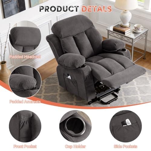 BOSMILLER Power Lift Recliner Chair with Massage and Heat for Elderly, Electric Recliner Single Sofa with Two Cup Holders, Extended Footrest, Side Pocket and USB Charge Port for Living Room