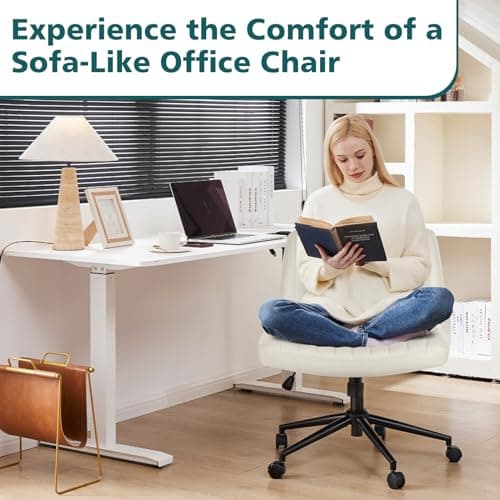 OLIXIS Criss Cross Chair with Wheels Wide Cross Legged Office Desk Vanity Chair Comfy Fabric Armless Adjustable Swivel for Home Computer Task PU Beige