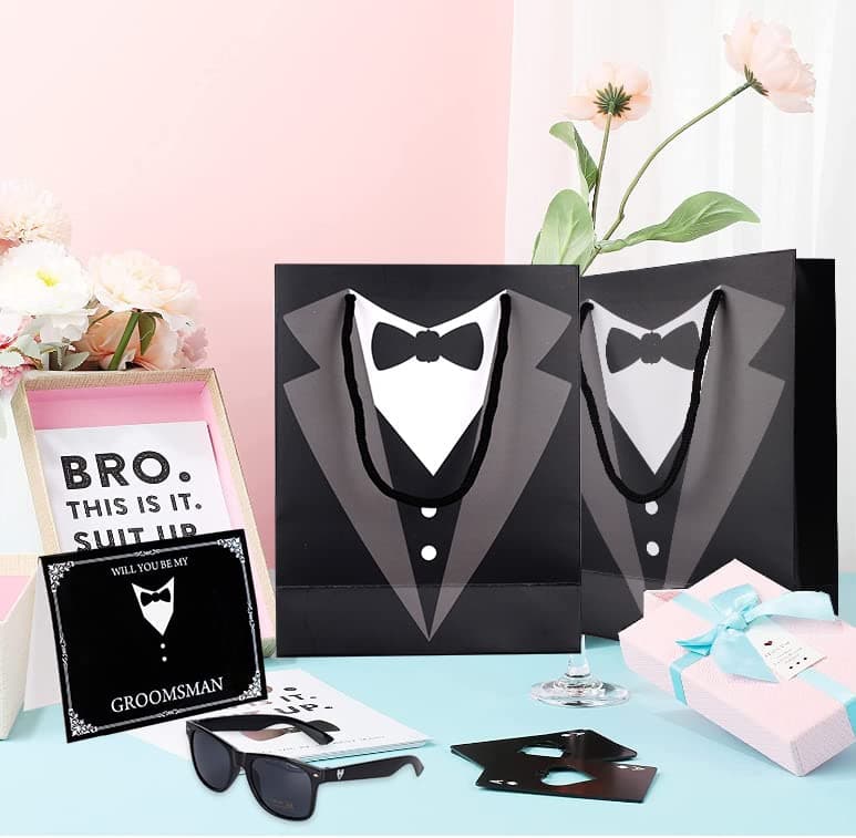 6 Pieces Groomsmen Gifts Set : 1 Pcs 8oz Stainless Steel Tuxedo Flask 1 Pcs Poker Bottle Cap Opener 1 Pcs Groomsmen Gauge Glasses 1 Pcs Sunglasses 1 Pcs Card 1 Pcs Groomsmen Gift Bags for Wedding B0C2Y9C42C