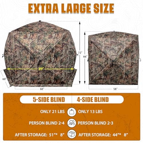 Extra Large Hunting Blind 4 Person with Portable Hunting Chair, 288/360 Degree See Through Pop up Ground Blinds for Deer Turkey Duck Hunting, Bow Hunting Adjust Windows with Silent Zipper