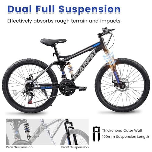 Ecarpat 24/26/27.5 Inch Mountain Bike, Full/Front Suspension Mens Boys Mountain Bike with 21 Speed Steel Frame and Dual Disc Brakes, Adult Sport Bicycle for Trail City Road, Gift Choice