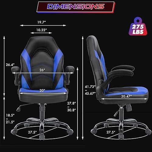 Sweetcrispy Computer Video Game Chair - Ergonomic Home Office with Comfy Lumbar Support, PU Leather Height Adjustable with Flip-up Armrest and 360° Swivel Wheels, Blue, for Adults, Teens