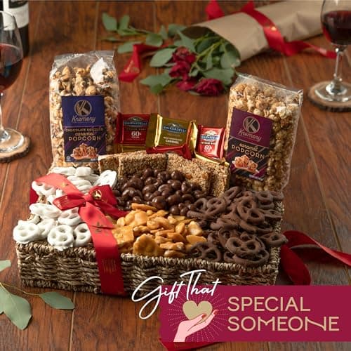 KREMERY Creamy Chocolate Cravings - Holiday Christmas Chocolate Covered Pretzels & Caramel Popcorn Gift Basket, in Seagrass Tray + Ribbon (Deluxe, 3.5 lbs) Xmas Treats Food Arrangement, Kosher