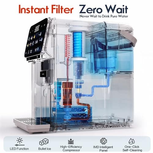 Ice Maker Water Filter Dispenser, 3 in1 Countertop Instant Hot & Cold Water, Ice Water Dispenser with ice Box, 7 Temperature & 5 Dispensing Volume Options Portable No Installation.