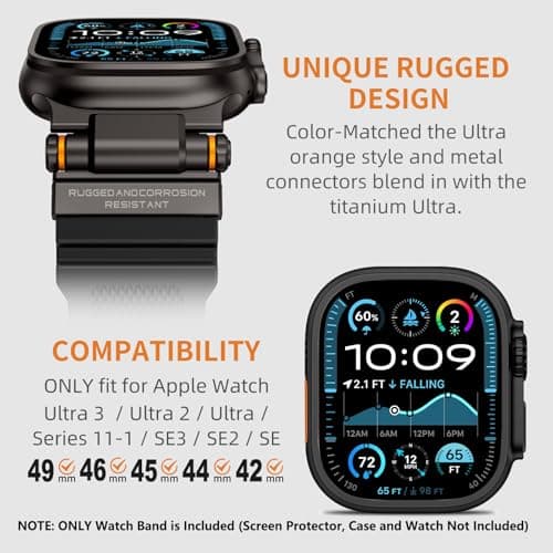 FOAMUNOC Rugged Band Compatible with Apple Watch Ultra 3/2/1 Band 49mm/46mm/45mm/44mm/42mm, Metal Connector with Silicone Strap for iWatch Ultra Series 11/10/9/8/7/6/SE3/SE2/SE/5/4/3/2/1, Black/Black